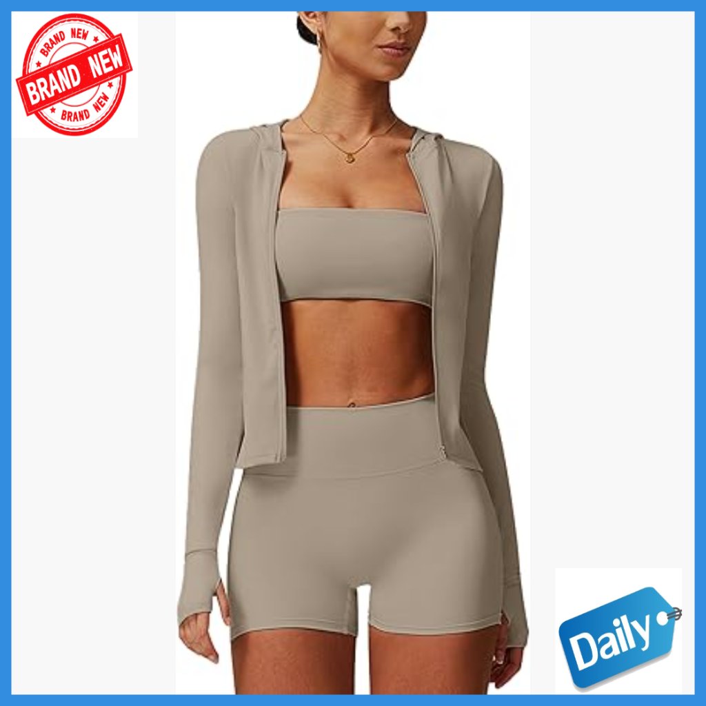 3-Piece Workout Set High Waist Shorts Zip Jacket Sports Bra X-Small